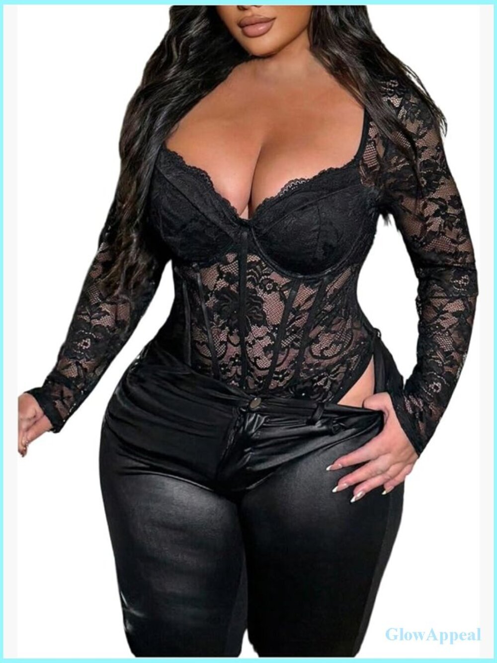 Plus Size Lace Bodysuit Mesh Long Sleeve Sweetheart Neck Leotard